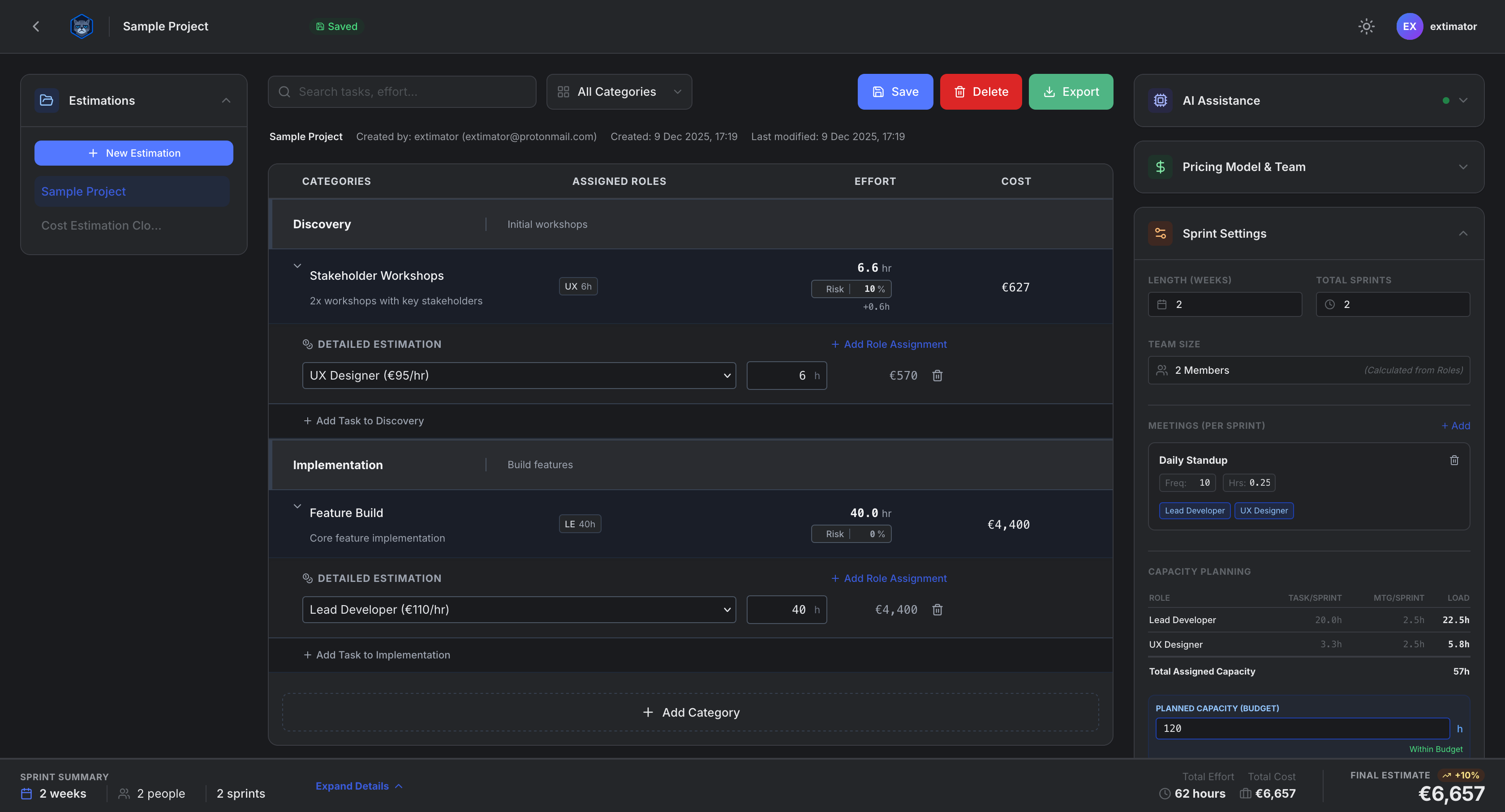 Extimator estimation workspace overview with task structure and cost planning.