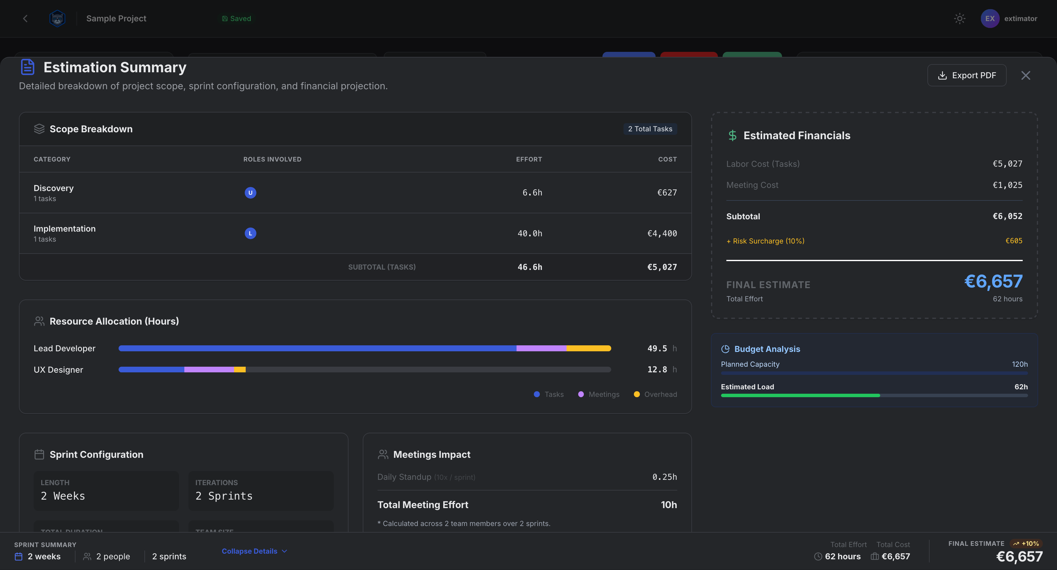 Extimator summary view with estimation totals and export ready output.
