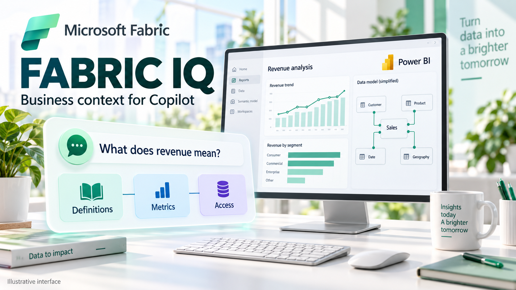 Fabric IQ headline beside an illustrative business dashboard, semantic model, and question about revenue definitions.