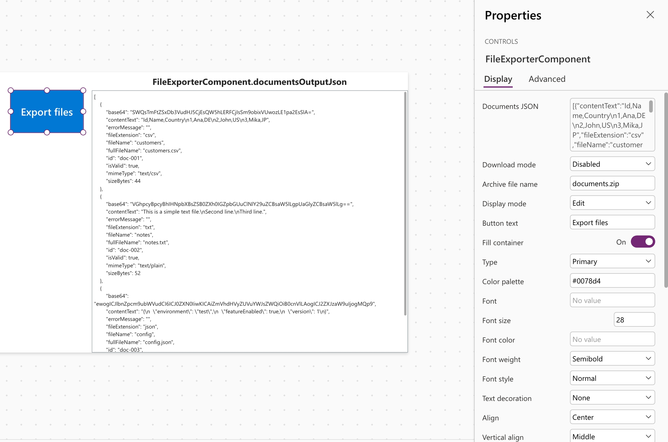 File Exporter Component preview in a Canvas App.