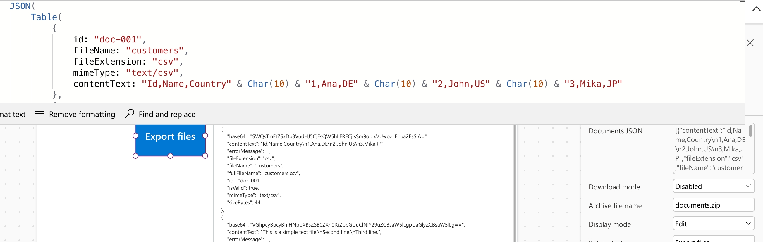 Documents JSON input property for the File Exporter Component.