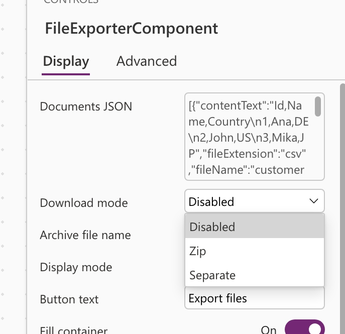 Download mode property showing Disabled, Zip, and Separate modes.