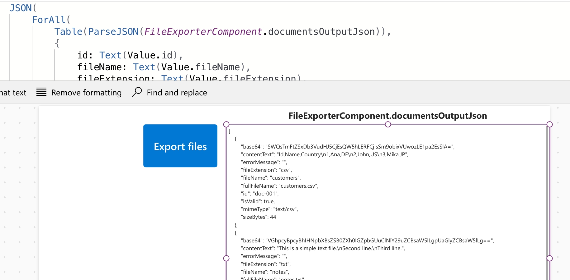 Processed documents output JSON from the File Exporter Component.