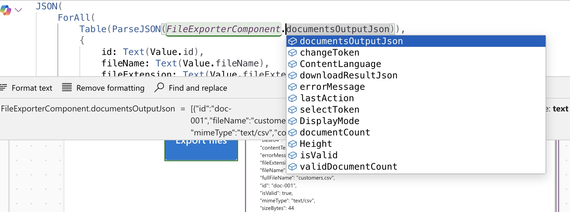 Output properties for validation, click state, and processed files.