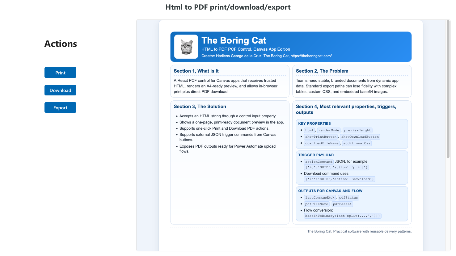 Power Apps Canvas App HTML to PDF component preview.