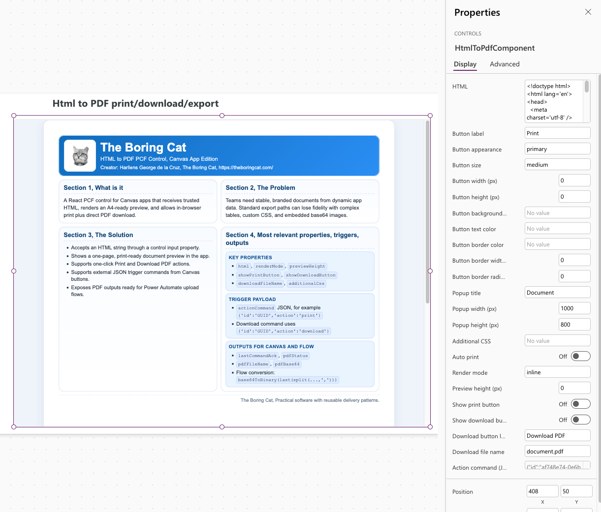 Power Apps Canvas App HTML to PDF component properties and configuration.