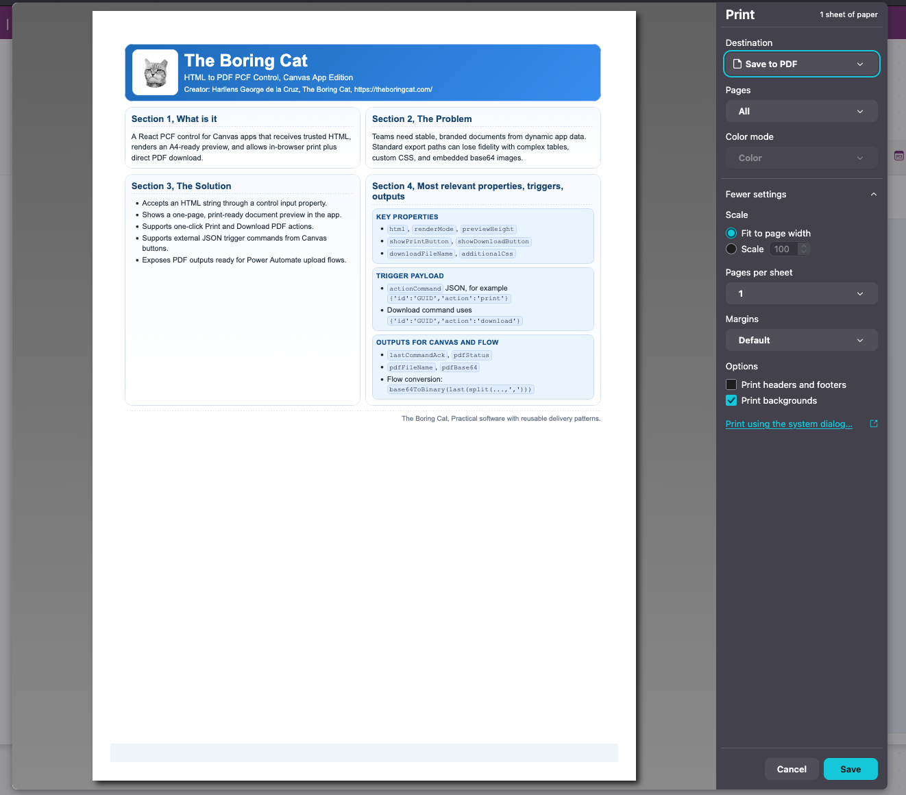 Example print flow and generated output preview.