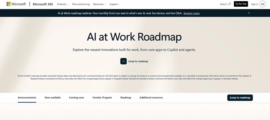 Hoja de ruta Microsoft AI at Work con pestañas de anuncios, funciones disponibles y próximas novedades.