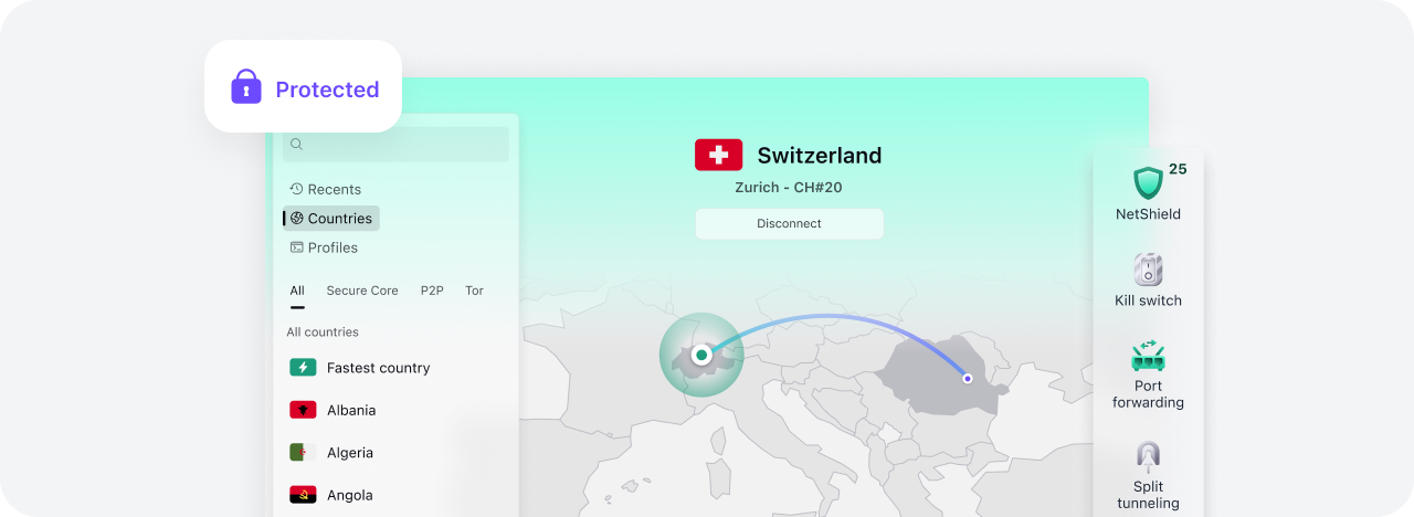 Official Proton VPN desktop interface showing a protected connection to a Switzerland server and available privacy controls.